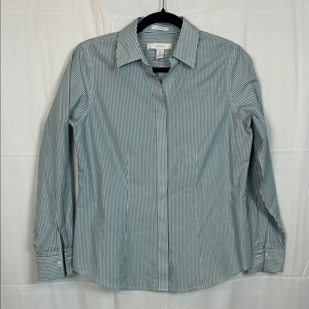 Chico's Women's Green, Silver and White Striped Button Down Shirt